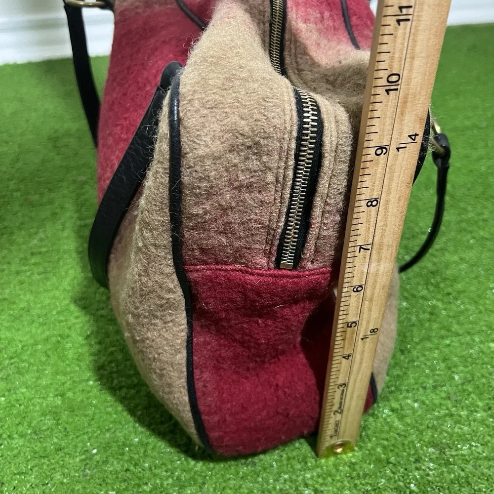 RARE Vintage Johnny Farah wool Purse 80s Red Ombré Leather Boho HandBag Brass